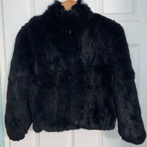 Niki | Vintage Black 100% Rabbit Fur Bomber Jacket Full Zip Fits XS-S
